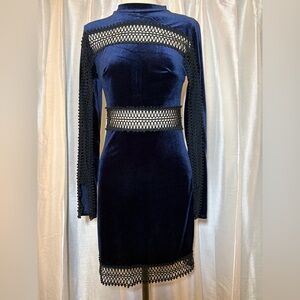 Free Generation Navy Velvet Dress with Black Crochet Accents Small